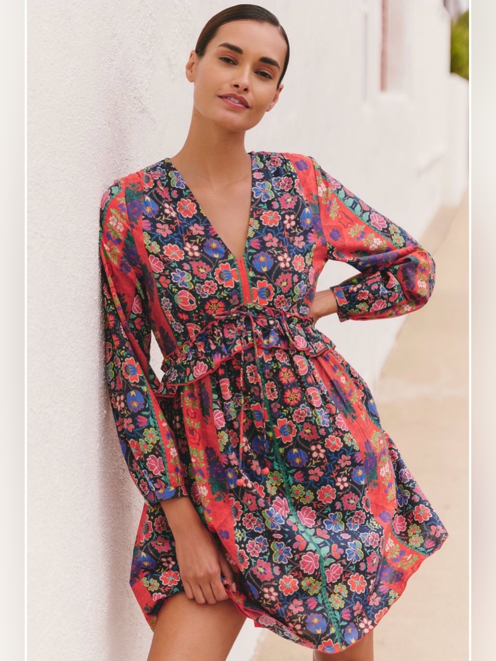 Ros Garden Jerez Floral Long Sleeve Mini Dress Multicolor V-Neck Boho | XS